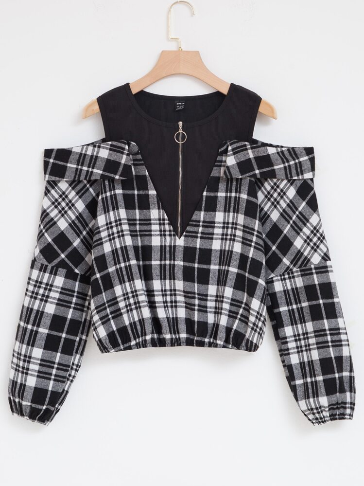 SHEIN Unity Plaid O-ring Zipper Cold Shoulder Blouse - Black and White - View 1