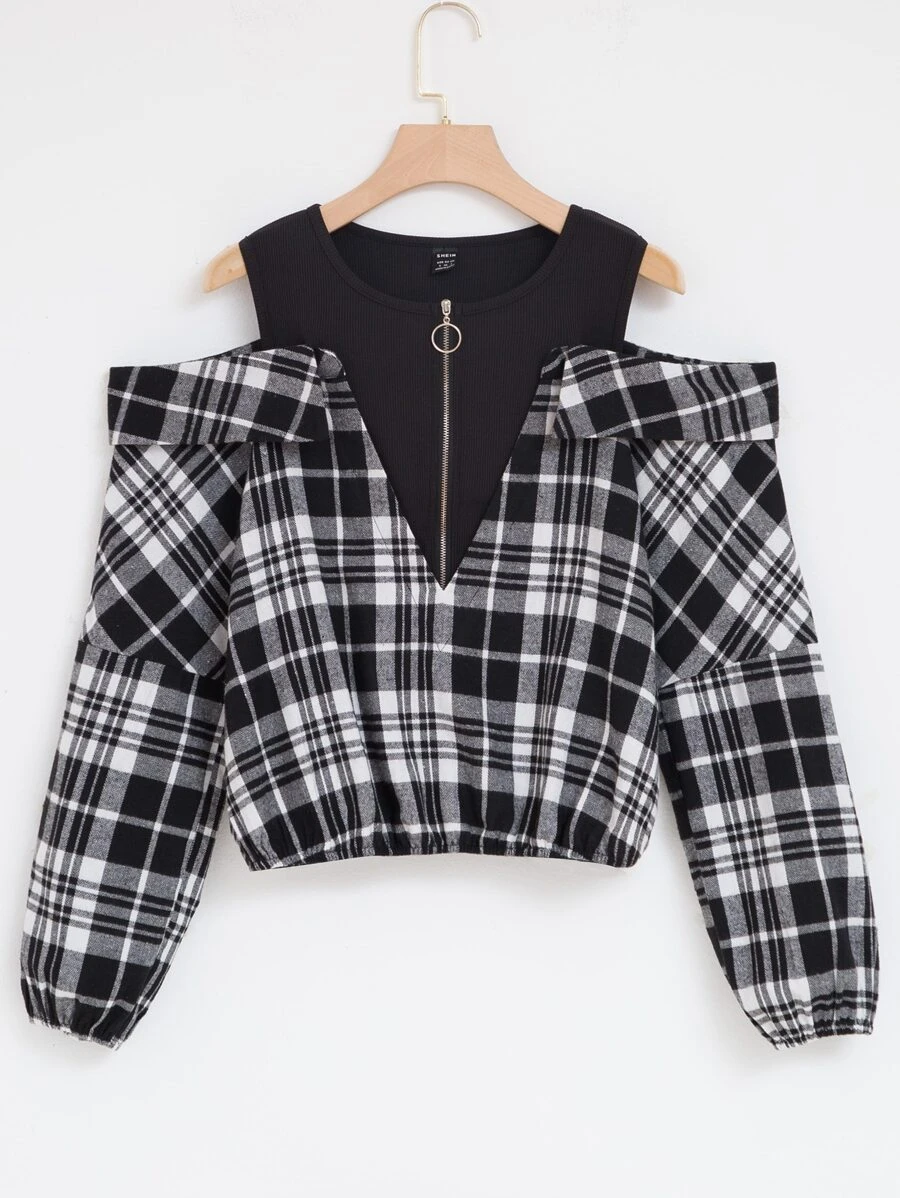 SHEIN Unity 格紋金屬圓環拉鍊挖肩襯衫 - 黑與白 - 查看 1