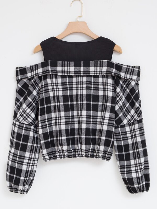 Plaid Oring Zipper Cold Shoulder Blouse for Sale Australia New