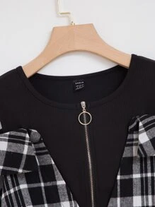 SHEIN Unity 格紋金屬圓環拉鍊挖肩襯衫 - 黑與白 - 查看 5