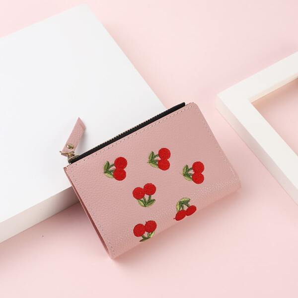 

Cherry Embroidered Textured Small Wallet, Pink