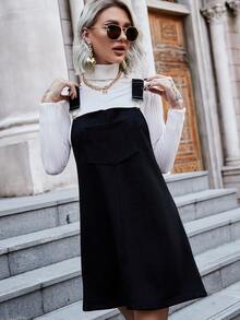 Vestido overol con parche con bolsillo - Negro - Ver 4