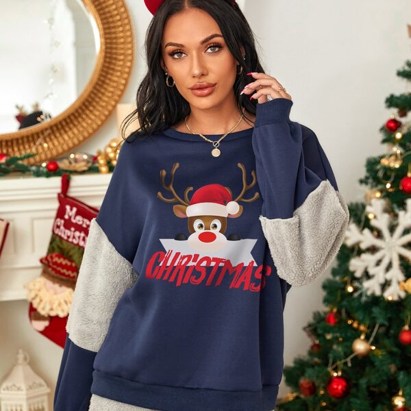 

Color Block Christmas Elk & Letter Graphic Drop Shoulder Thermal Sweatshirt, Multicolor