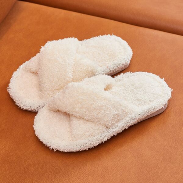 

Girls Cross Strap Fluffy Bedroom Slippers, White