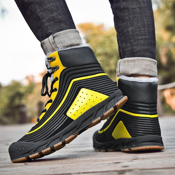 

Men Two Tone Striped Pattern High Top Sneakers, Yellow