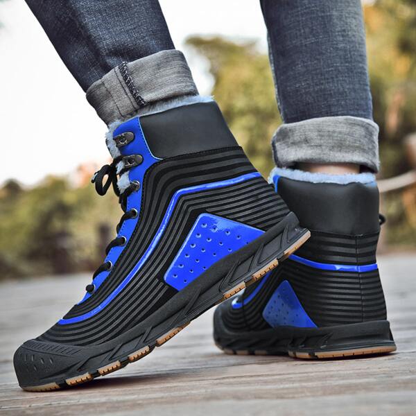 

Men Two Tone Striped Pattern High Top Sneakers, Blue