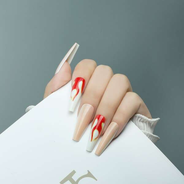 

24pcs Fire Pattern Fake Nail & 1pc Tape & 1pc Nail File, Multicolor