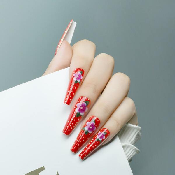 

24pcs Flower Pattern Fake Nail & 1pc Tape & 1pc Nail File, Multicolor