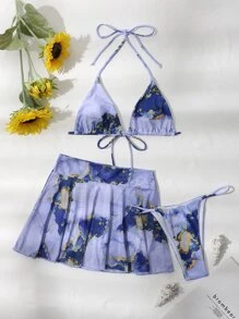 SHEIN Swim Summer Beach 3packs Marble Print Micro Triangle Bikini & Beach Skirt - Multicolor - View 5