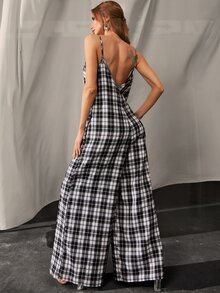 蘇格蘭格紋隱藏口袋闊腿吊帶連體褲 - 黑與白 - 查看 2