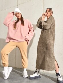 1pc Letter Patched Split Hem Teddy Sweatshirt Dress - Khaki - View 3