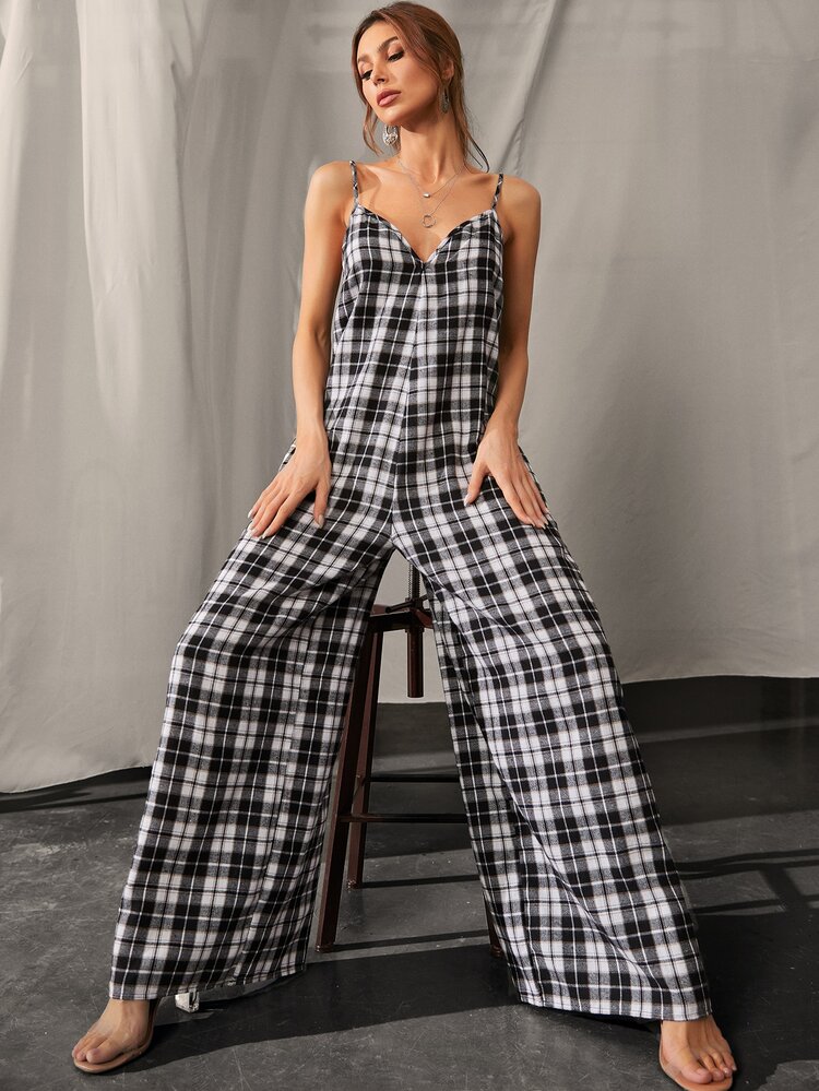 蘇格蘭格紋隱藏口袋闊腿吊帶連體褲 - 黑與白 - 查看 4