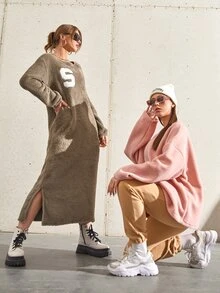 1pc Letter Patched Split Hem Teddy Sweatshirt Dress - Khaki - View 5