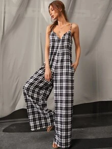 蘇格蘭格紋隱藏口袋闊腿吊帶連體褲 - 黑與白 - 查看 5