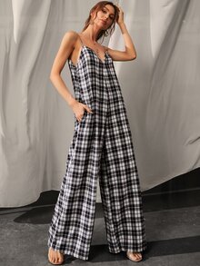 蘇格蘭格紋隱藏口袋闊腿吊帶連體褲 - 黑與白 - 查看 6
