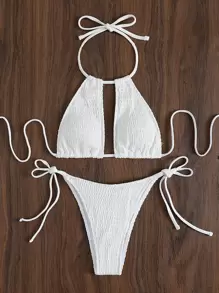 Swim Vcay 泳衣 女士 夏季 海滩 褶饰 比基尼 套装 吊带胸罩 & 丁字裤 两件套 泳衣 - 白色 - 查看 3