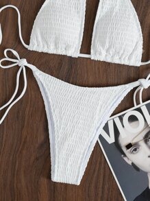Swim Vcay 泳衣 女士 夏季 海滩 褶饰 比基尼 套装 吊带胸罩 & 丁字裤 两件套 泳衣 - 白色 - 查看 4