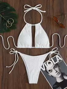 Swim Vcay 泳衣 女士 夏季 海滩 褶饰 比基尼 套装 吊带胸罩 & 丁字裤 两件套 泳衣 - 白色 - 查看 6