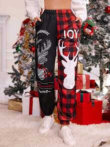Christmas & Buffalo Plaid Print Sweatpants - Multicolor - View 1