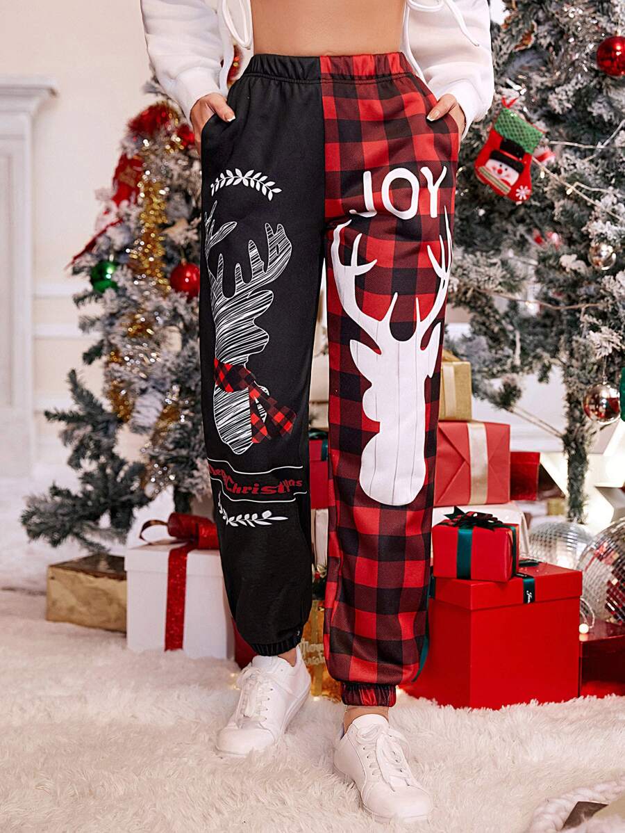 Christmas & Buffalo Plaid Print Sweatpants - Multicolor - View 1