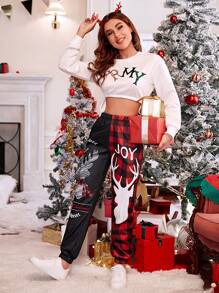 Christmas & Buffalo Plaid Print Sweatpants - Multicolor - View 3