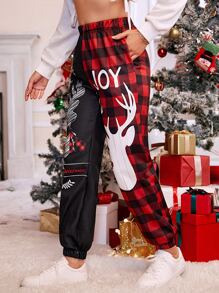 Christmas & Buffalo Plaid Print Sweatpants - Multicolor - View 5