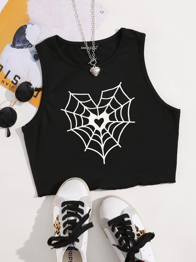 SHEIN Unity Spider Web & Heart Print Tank Top - Black - View 1
