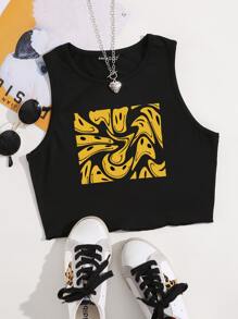 SHEIN Unity Smile Face Print Crop Tank Top - Black - View 1