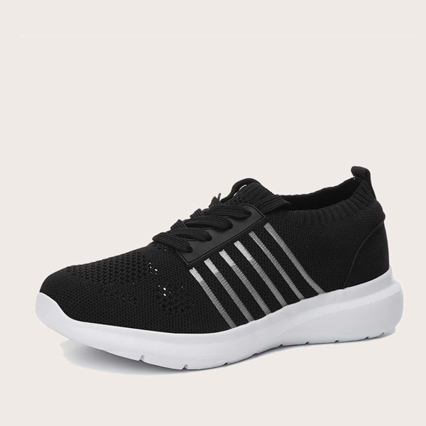 

Striped Pattern Lace Up Decor Knit Sneakers, Black