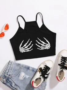 SHEIN Unity 骷髅圖案吊帶短上衣 - 黑色 - 查看 1