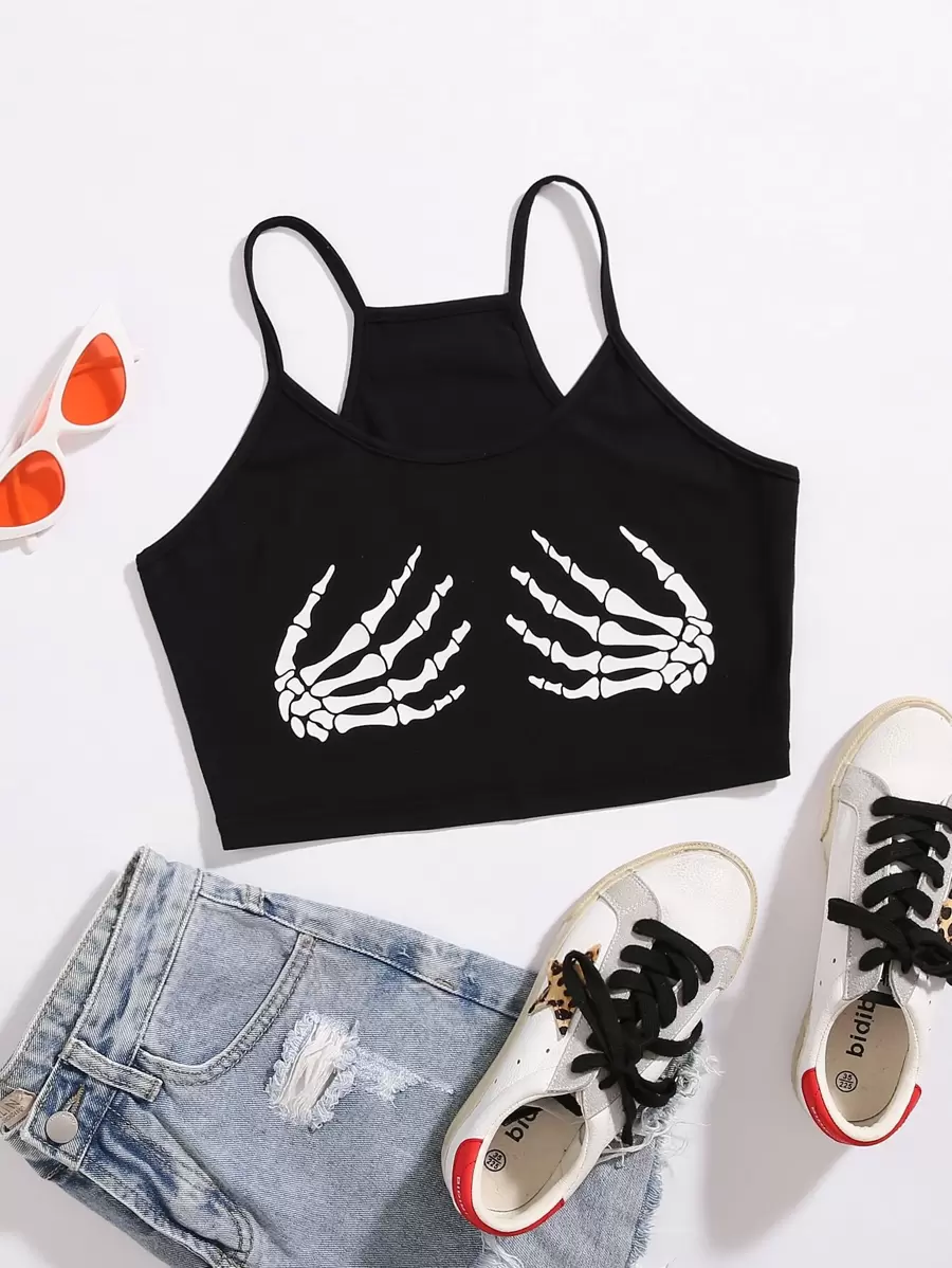 SHEIN Unity 骷髅圖案吊帶短上衣 - 黑色 - 查看 1