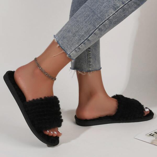 

Open Toe Fluffy Bedroom Slippers, Black