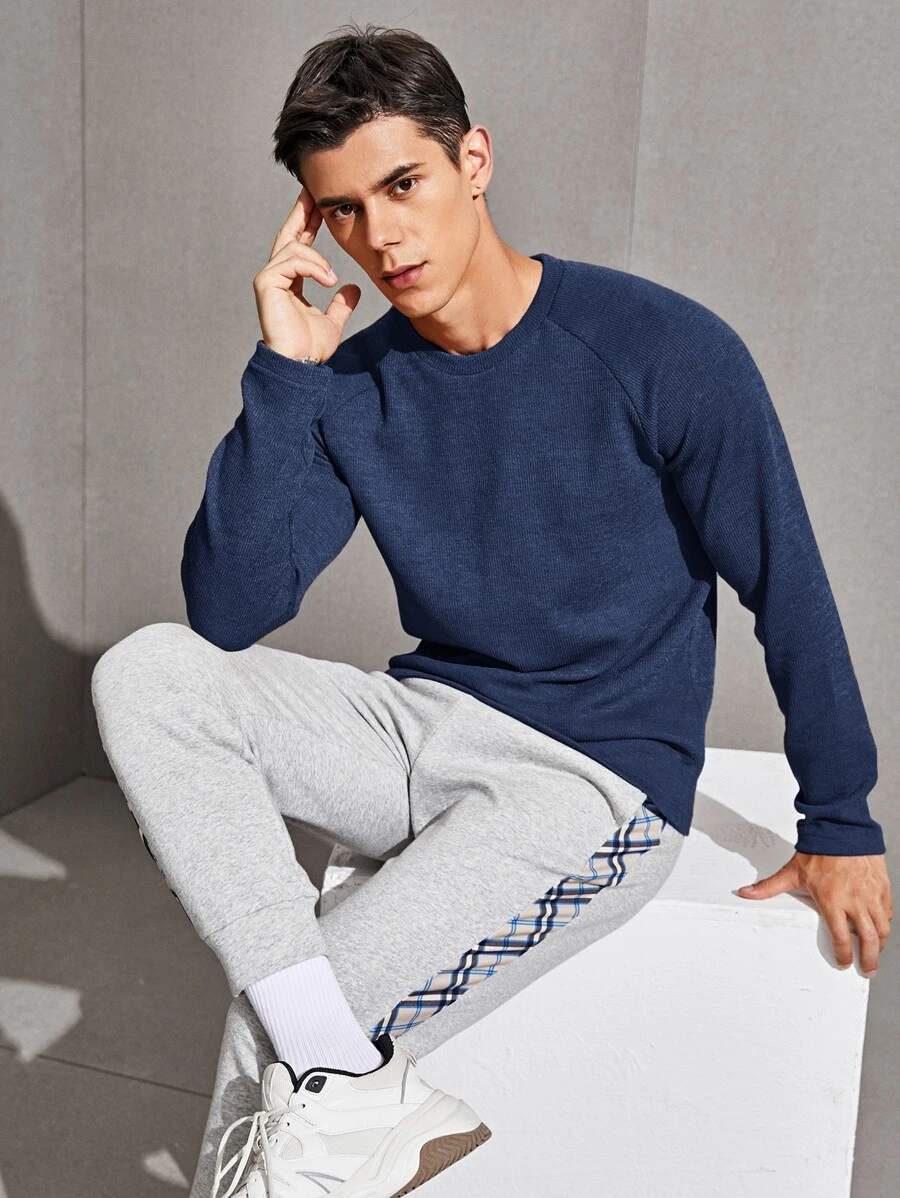 Manfinity VCAY Camiseta tejida de canalé de manga raglán - Azul Marino - Ver 1