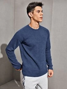 Manfinity VCAY Camiseta tejida de canalé de manga raglán - Azul Marino - Ver 4