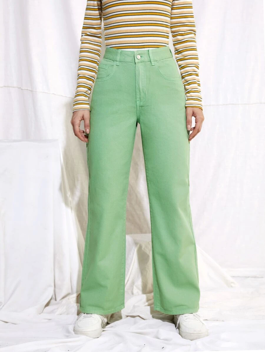 SHEIN Jeans rectos de cintura media - Verde Lima - Ver 1