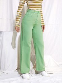 SHEIN Jeans rectos de cintura media - Verde Lima - Ver 3