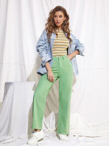 SHEIN Jeans rectos de cintura media - Verde Lima - Ver 4