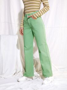 SHEIN Jeans rectos de cintura media - Verde Lima - Ver 5
