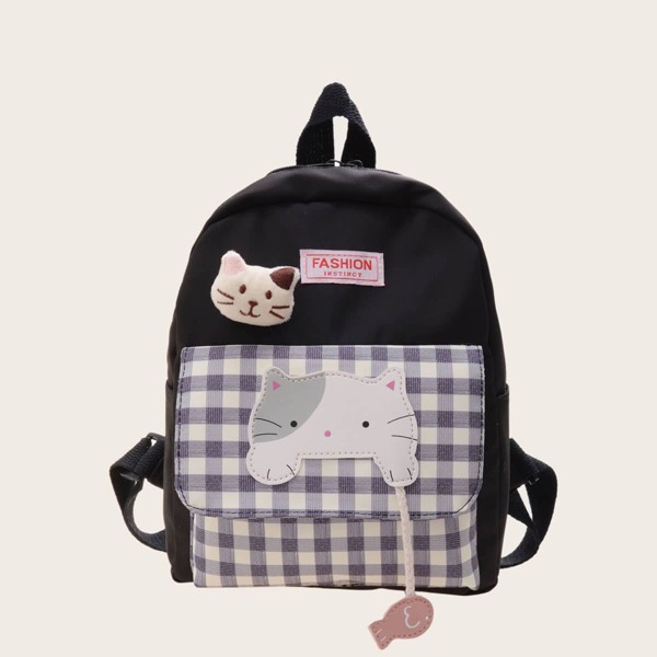 

Kids Cat Graphic Letter Patch Backpack, Black