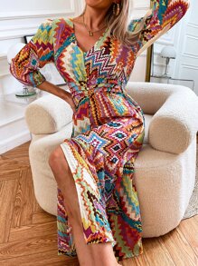 Geo Print Shirred Ruffle Hem Dress - Multicolor - View 3