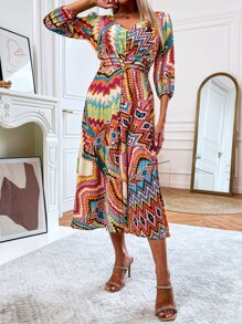 Geo Print Shirred Ruffle Hem Dress - Multicolor - View 4