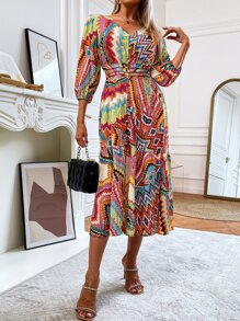 Geo Print Shirred Ruffle Hem Dress - Multicolor - View 6