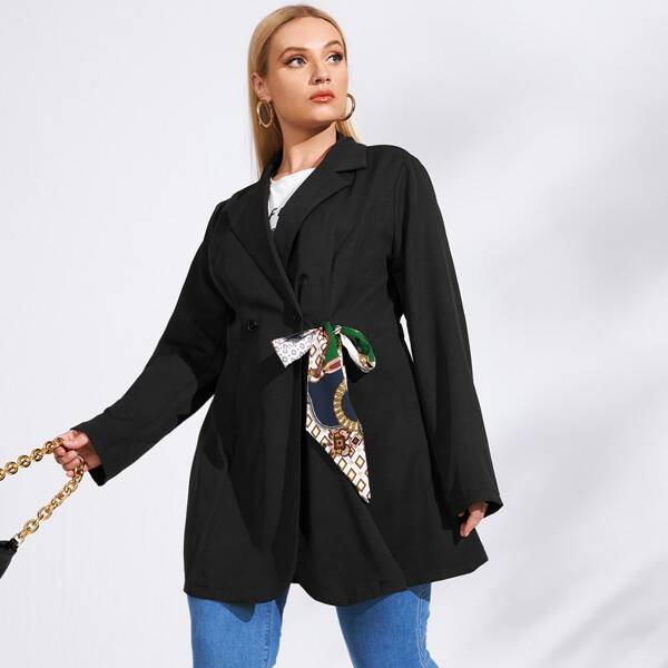 

Plus Lapel Collar Belted Blazer, Black
