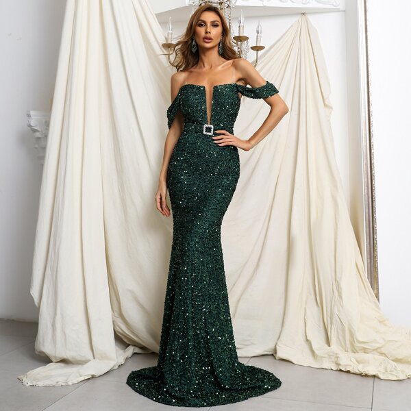 

Transparent Strap Mesh Hem Floor Length Sequin Prom Dress, Dark green