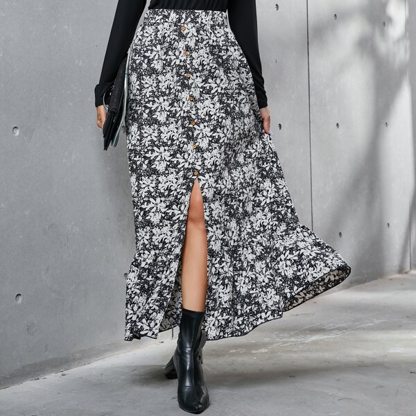 

Allover Floral Split Thigh Ruffle Hem Skirt, Black and white