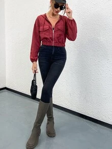 Mulvari Áo khoác trùm đầu có mũ trùm đầu, túi thả vai màu đỏ tía - Màu Đỏ Sâu - Xem 3