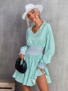 Aveloria 條紋燈籠袖腰部打褶洋裝 - 彩色 - 查看 3