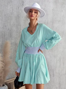 Aveloria 條紋燈籠袖腰部打褶洋裝 - 彩色 - 查看 4