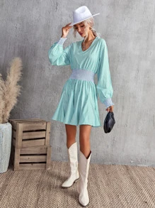 Aveloria 條紋燈籠袖腰部打褶洋裝 - 彩色 - 查看 6