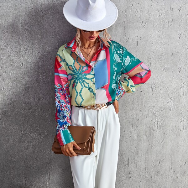 

Chain Print Color Block Blouse, Multicolor
